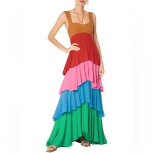 Farm Rio Rainbow Colour-block Tiered Maxi Dress Size Xsmall